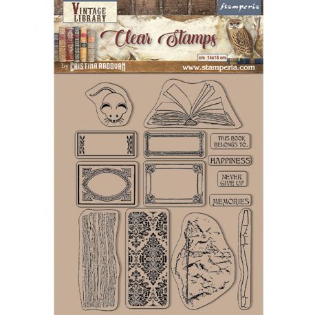 Sello Acrílico Stamperia VINTAGE LIBRARY "Etiquetas" 14x18cm