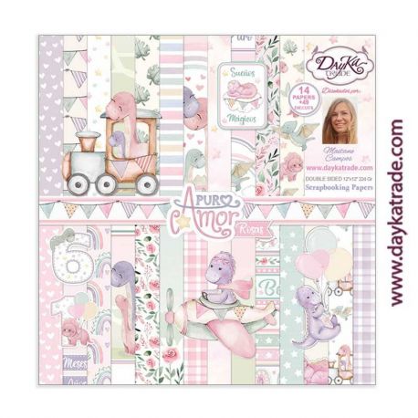 "PURO AMOR ROSA" Bloc 14 Papeles + 49 Die Cuts - Dayka 30x30cm