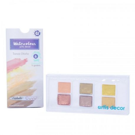 SET 6 ACUARELAS 1/2 GODET METALLIC TONOS OTOÑO Artis Decor.