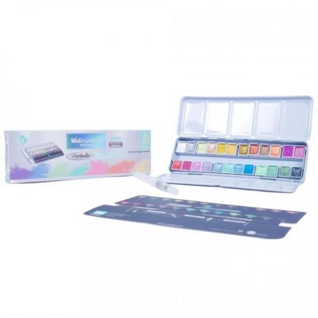 SET 24 ACUARELAS 1/2 GODET METALLIC Artis Decor (caja metalica)