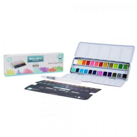 SET 24 ACUARELAS 1/2 GODET METALLIC Artis Decor (caja metalica)